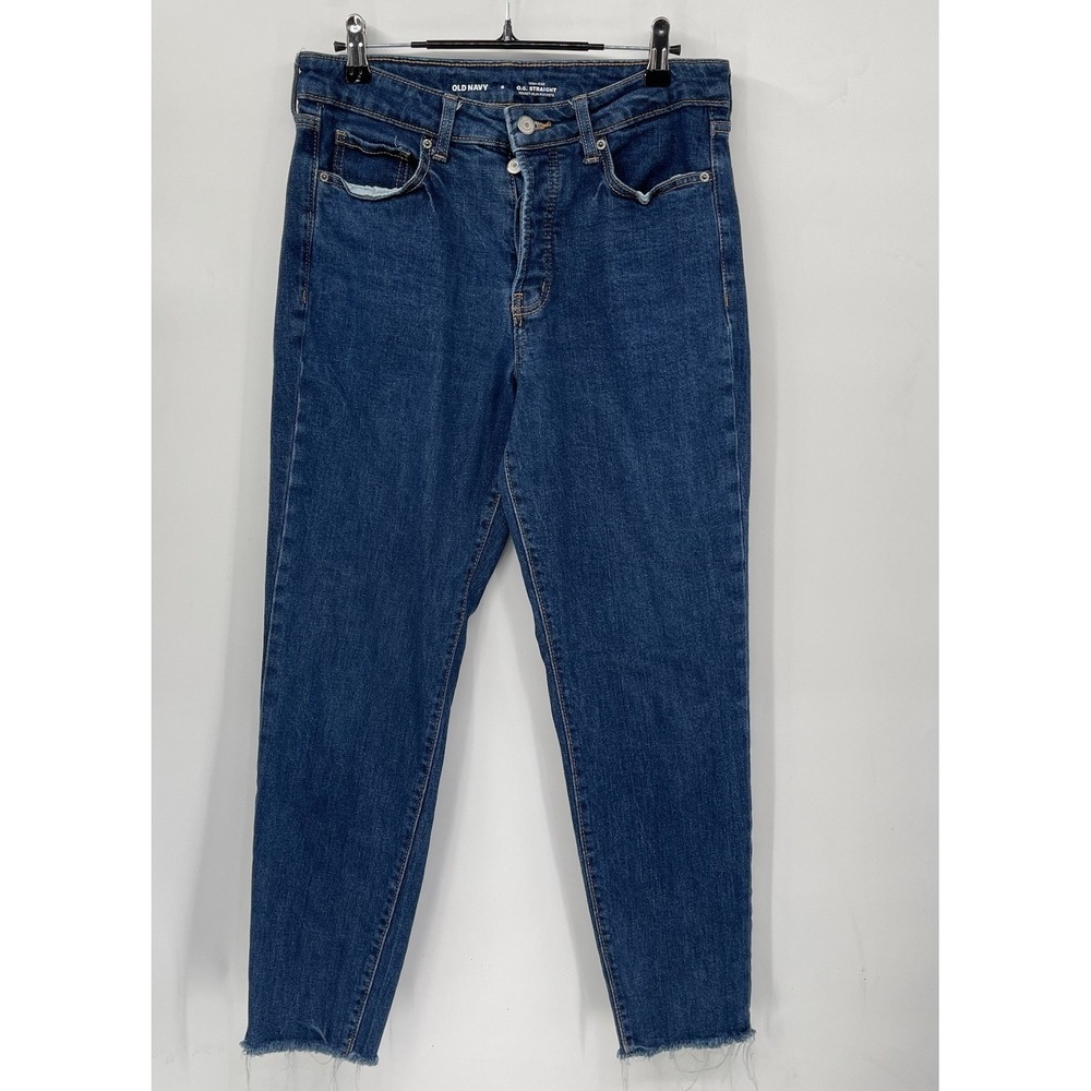 Old‎ Navy High Rise OG Straight Button Fly Raw Hem Womens size 6 Blue Denim Jean